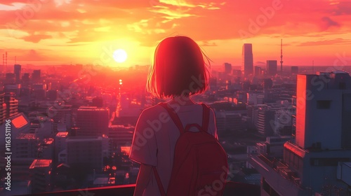 Obraz na płótnie Vibrant synthwave-style manga anime girl in a bustling big city at sunset with lofi vibes and vivid 3d animation top view w salonie