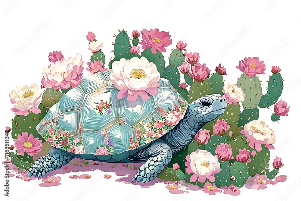 Fototapeta premium A stylized illustration of a tortoise amidst blooming cacti flowers.