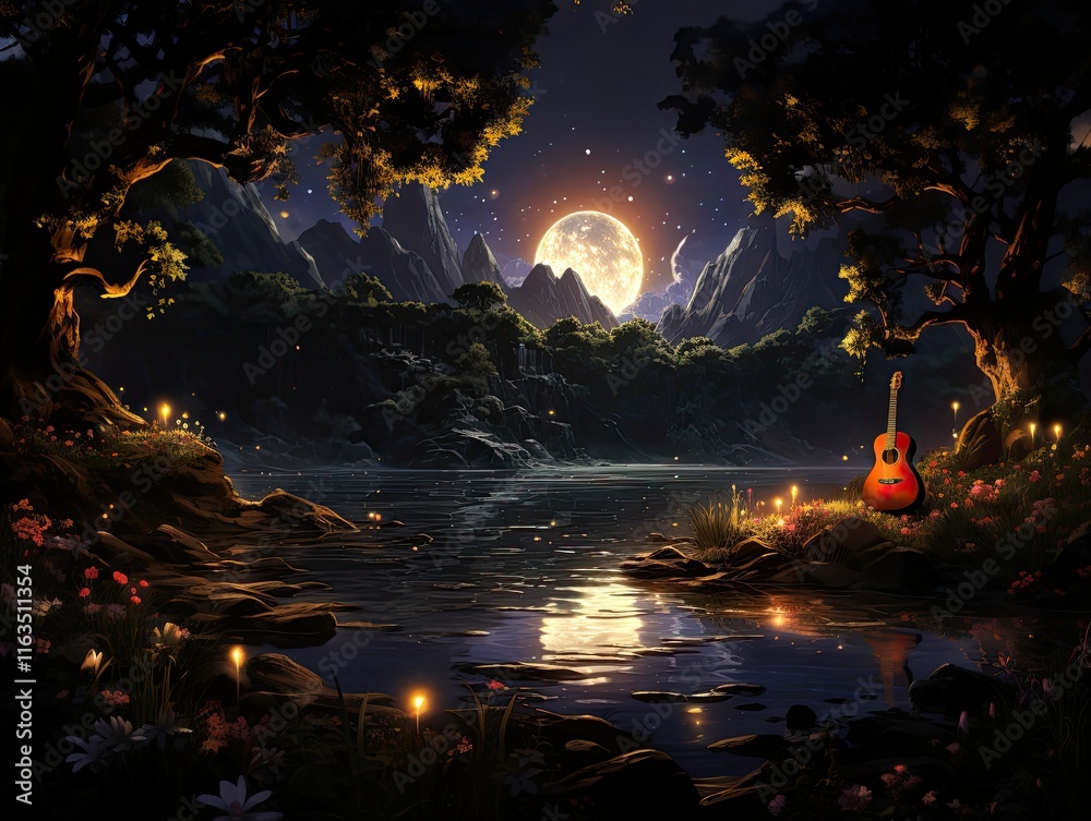 Obraz premium Serene moonlit lake scene with guitar, mountains, and trees at night.