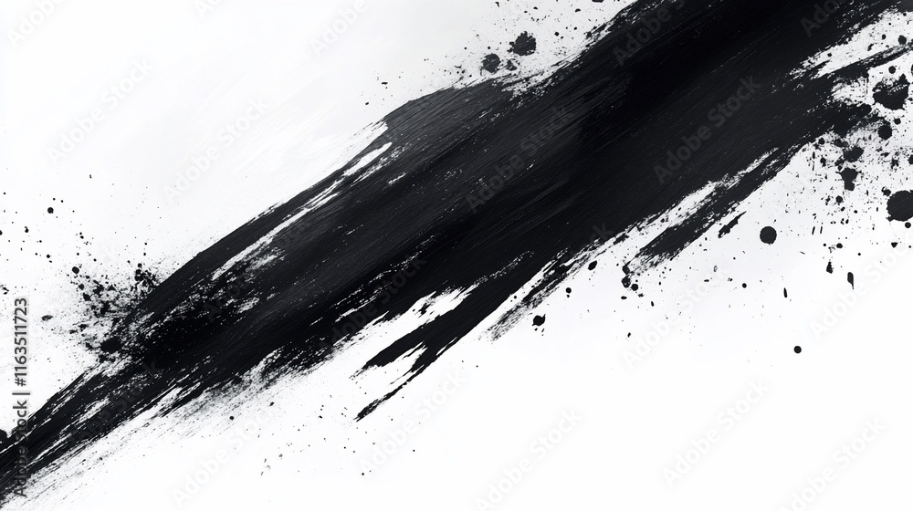 Abstract black paint stroke on white background with splatters.