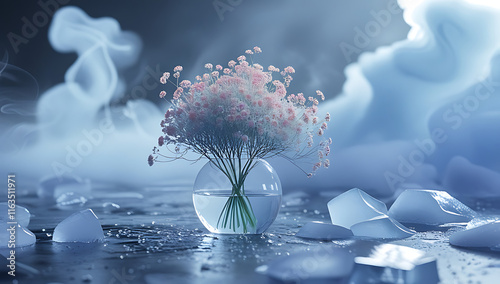 A lovely Baby's Breath flower with delicate white petals, gracefully encased in shimmering blue ice. Created with generative AI photo