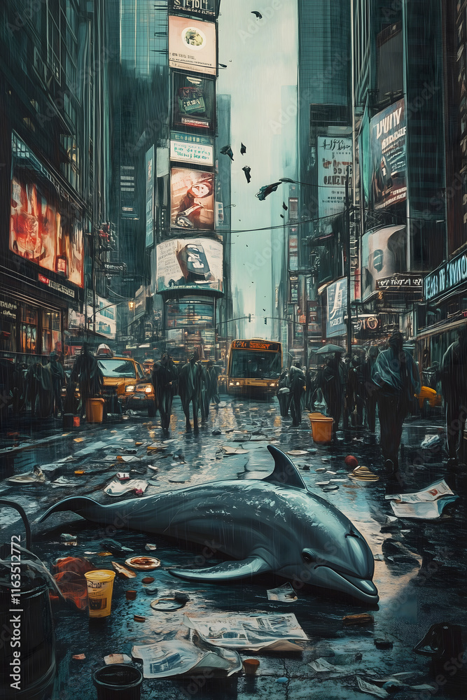A conceptual illustration of a dolphin lying in the middle of a bustling city street, while pedestrians walk by without noticing.
A conceptual illustration of a dolphin lying in the middle of a bustling city street, while pedestrians walk by without noticing.