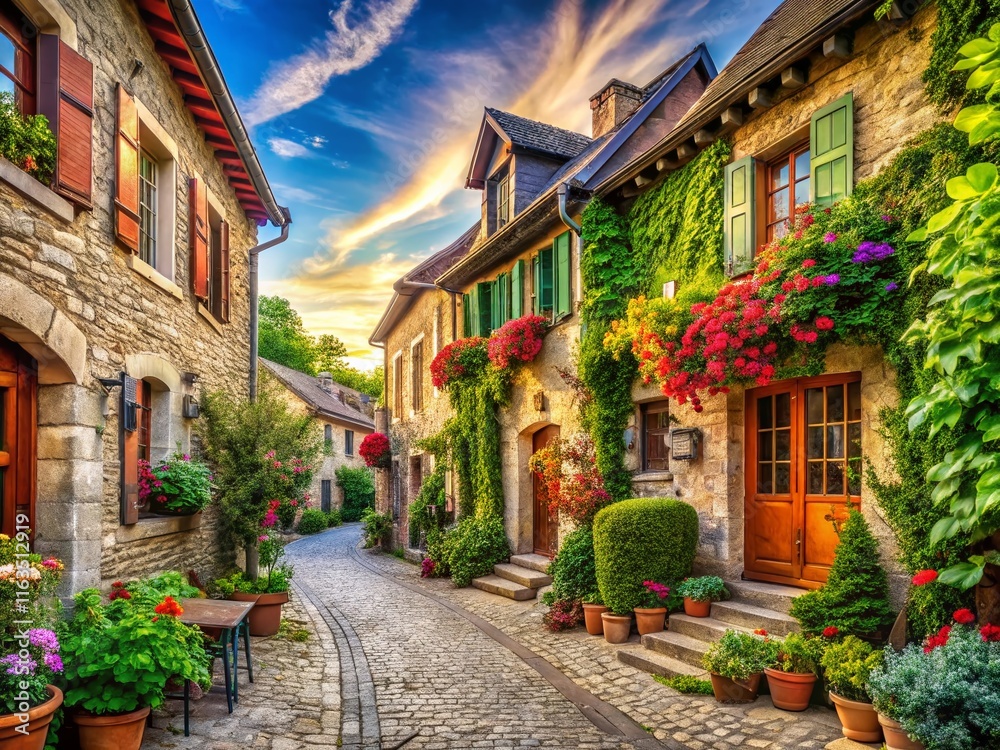 Fototapeta premium Picturesque Stone Street, Historical Town, Lush Greenery