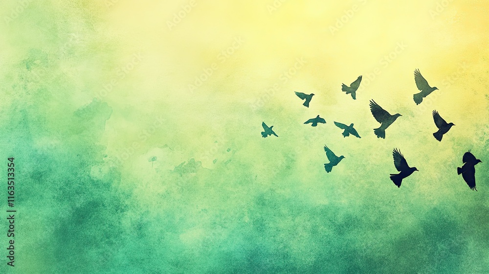 Silhouetted birds fly in a watercolor sunset sky. Silhouetted birds fly in a watercolor sunset sky.