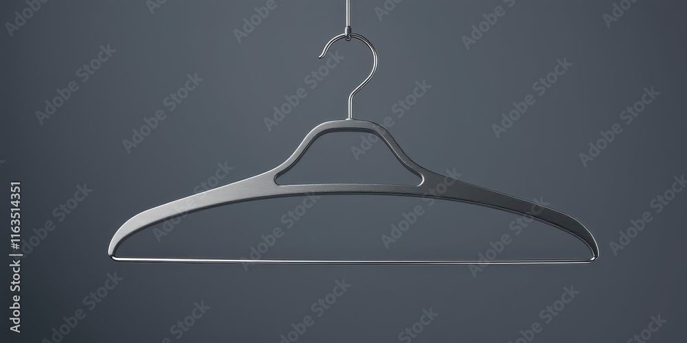 A single, sleek, metallic clothes hanger hangs against a muted grey background, ready for garments. A single, sleek, metallic clothes hanger hangs against a muted grey background, ready for garments.