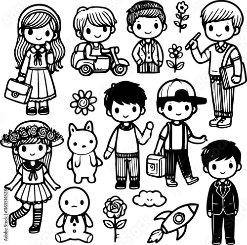 Set doodle cute for kids, vector illustration