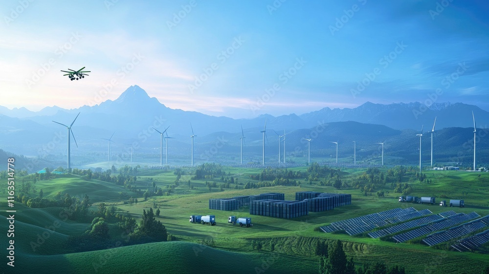 Fototapeta premium Drone surveys green valley, windmills, solar panels, and vehicles.