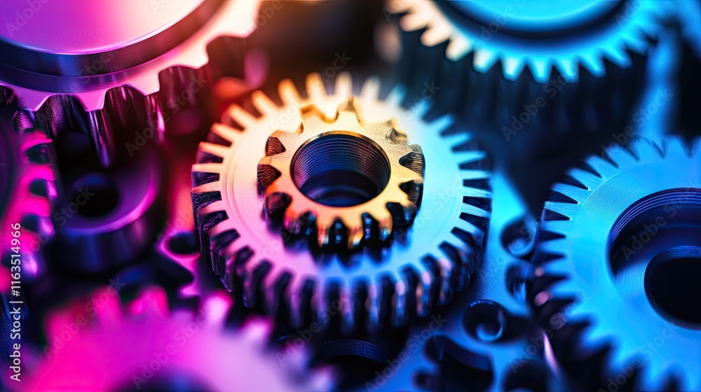 Close-up of colorful metal gears interlocked, showcasing intricate details and vibrant hues. Close-up of colorful metal gears interlocked, showcasing intricate details and vibrant hues.