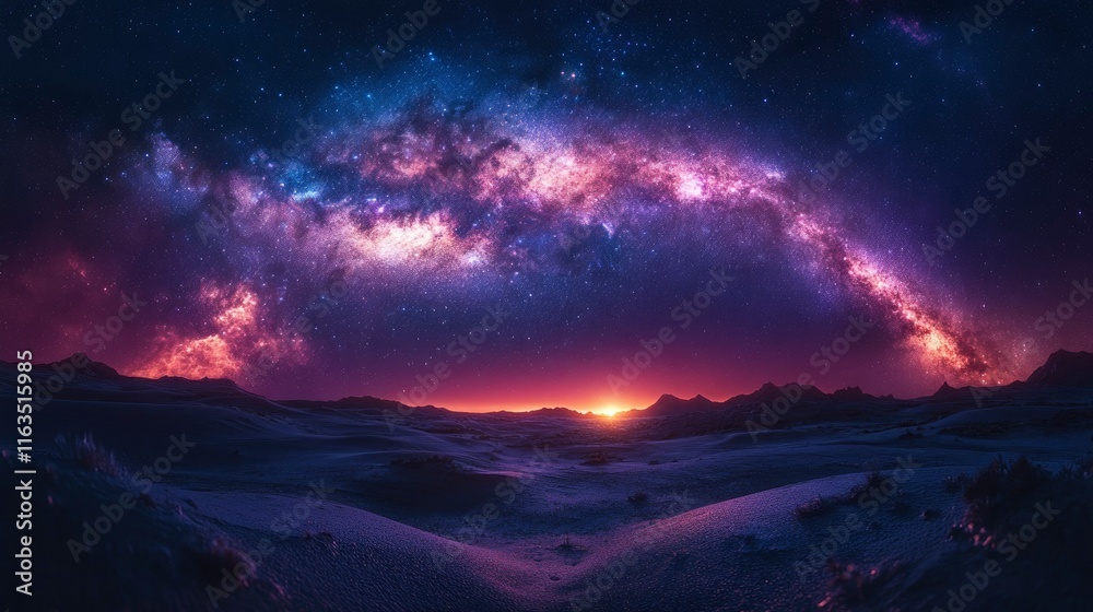 Fototapeta premium Majestic Milky Way Arching Over Desert Landscape at Sunset