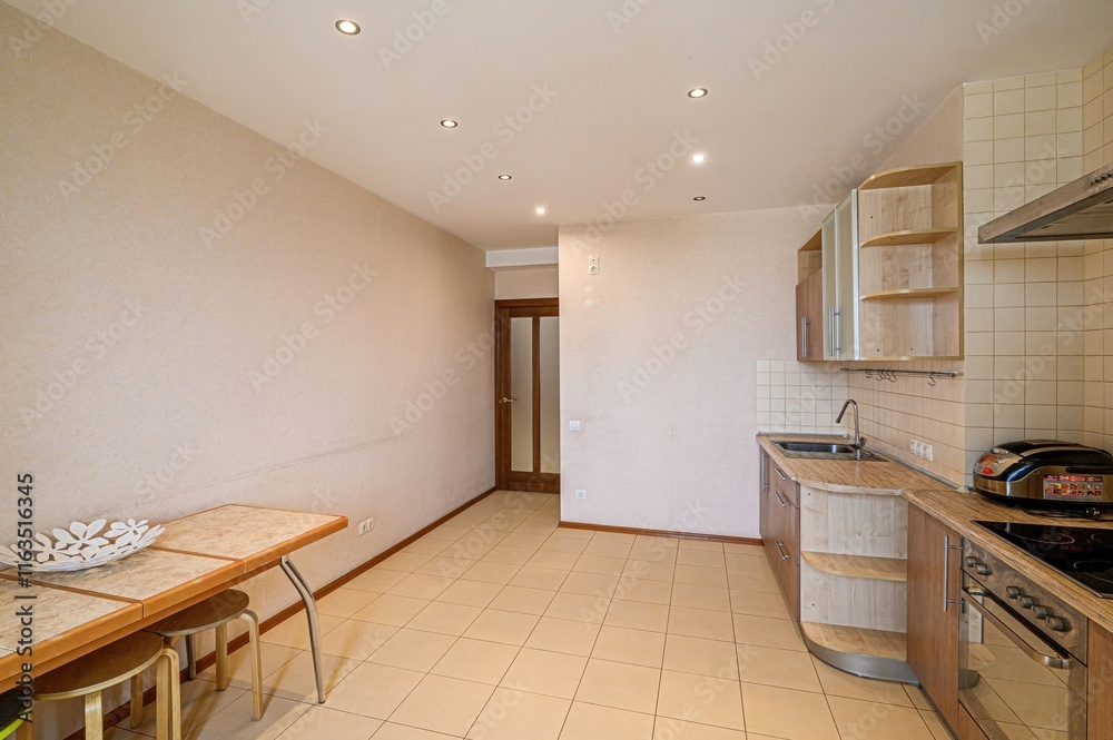 interior apartment kitchen and dining room, refectory area, cooking equipment, table furniture, stove interior apartment kitchen and dining room, refectory area, cooking equipment, table furniture, stove