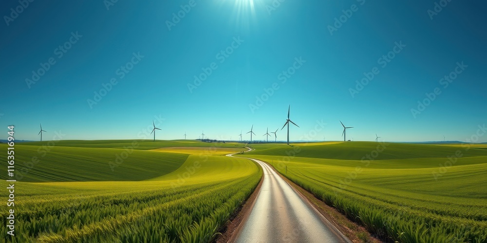 Fototapeta premium Serene country road winding through vibrant green fields under a brilliant blue sky, dotted with wind turbines generating clean energy.