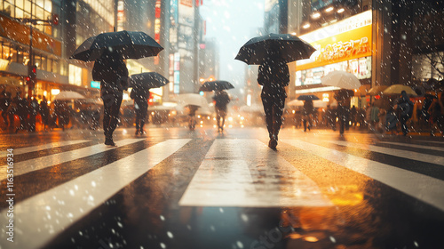 People with umbrellas in the rain.