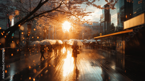 People with umbrellas in the rain.