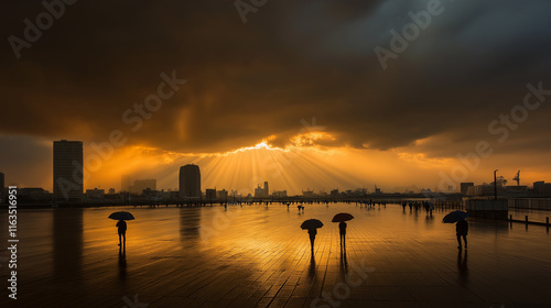 People with umbrellas in the rain.