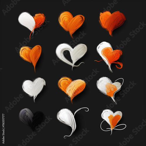 set of hearts with different design on black background