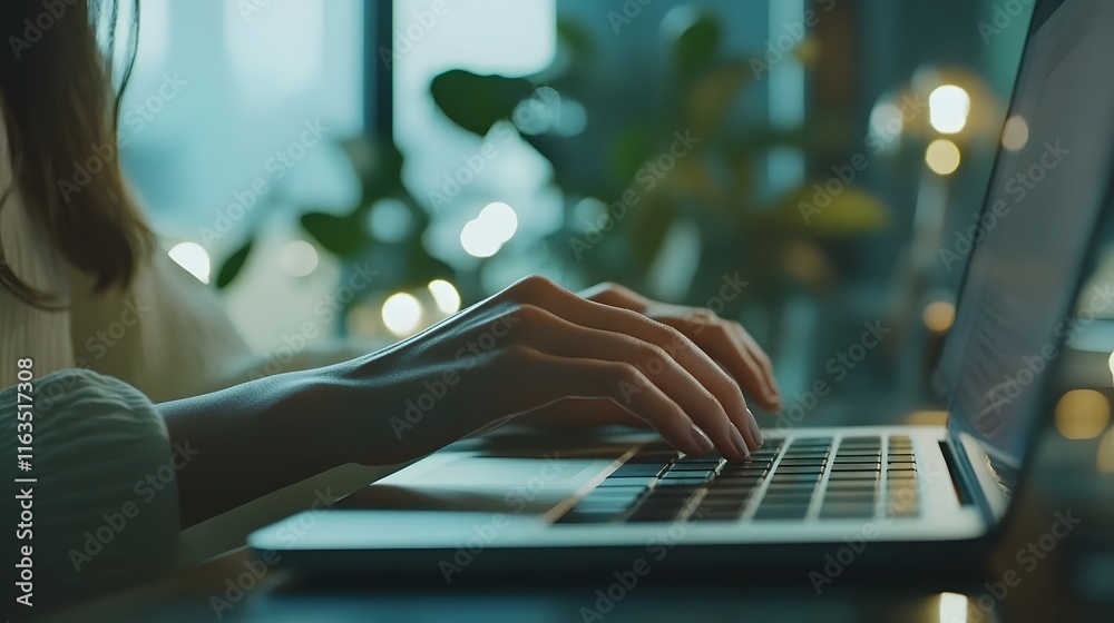 Woman Typing on Laptop in Evening Ambient Light Woman Typing on Laptop in Evening Ambient Light