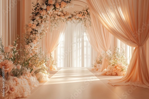 Peachy Wedding Aisle Decor: Elegant Floral Archway and Sheer Drapes photo