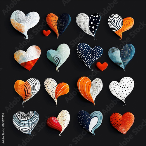 seamless pattern with hearts with different design on black background