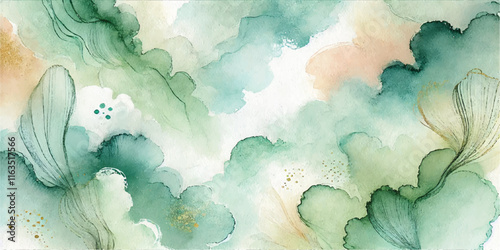 Natural green hand painted watercolor texture background