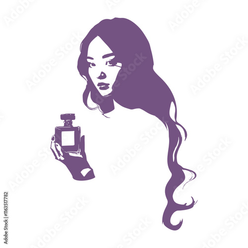 Woman with perfume bottle. Beautiful Asian girl using perfume. Woman holding a perfume bottle. Girl presents perfume fragrance.