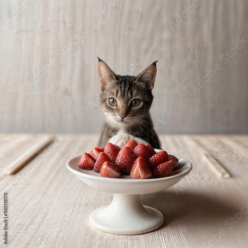Cute kitten with fresh strawberries on a plate