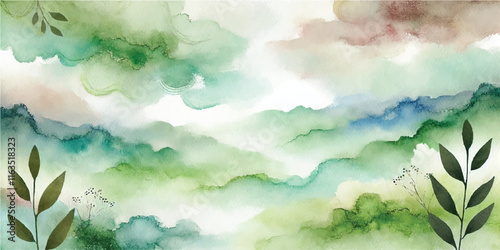 Natural green hand painted watercolor texture background