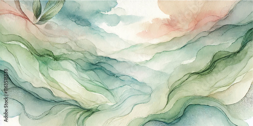 Natural green hand painted watercolor texture background