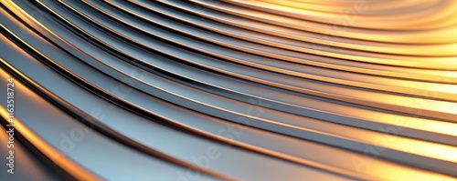 Brushed abstract background concept. Close-up of metallic surface with smooth, wavy, reflective lines under warm lighting.