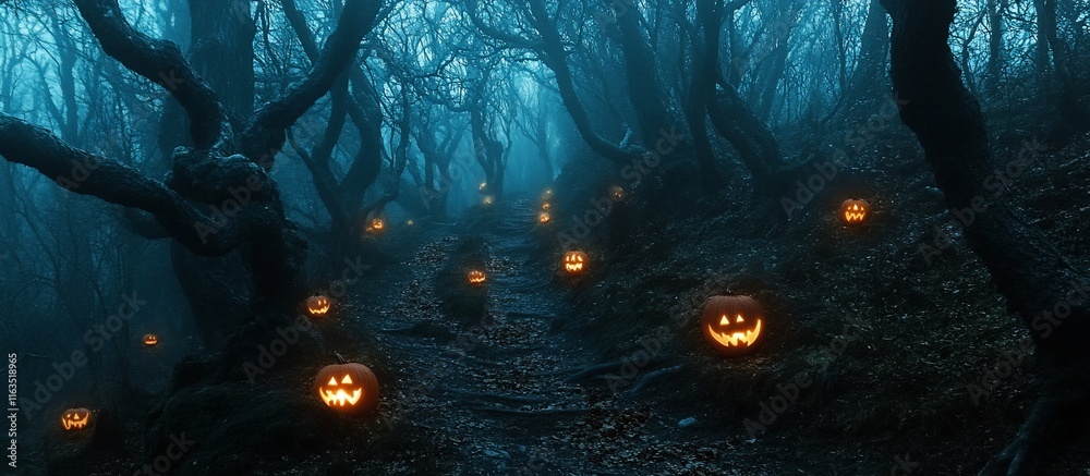 Obraz premium Spooky Halloween Forest Path with Jack-o'-lanterns. (1)