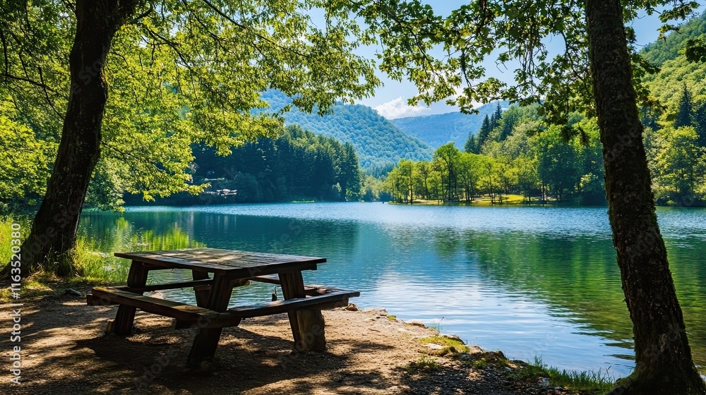 Serene lakeside picnic table under lush trees. Serene lakeside picnic table under lush trees.