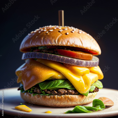 Big hamburger with huge ham piece and a lot of cheese