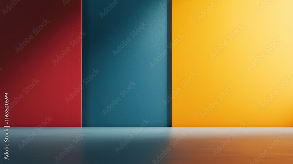 Naklejka premium A triadic matte backdrop in royal blue, golden yellow, and crimson red, styled with soft lighting for bold fashion accessory advertisements