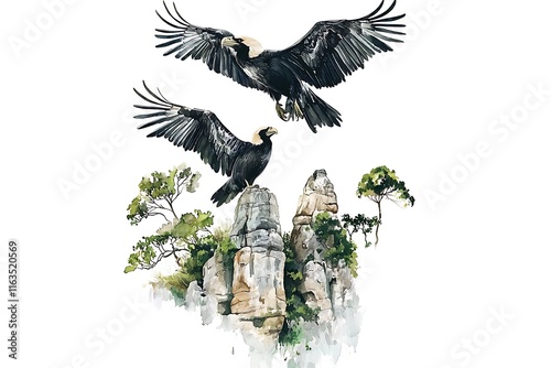 Watercolor painting of two majestic cinereous vultures soaring over a rocky outcrop with lush greenery. photo