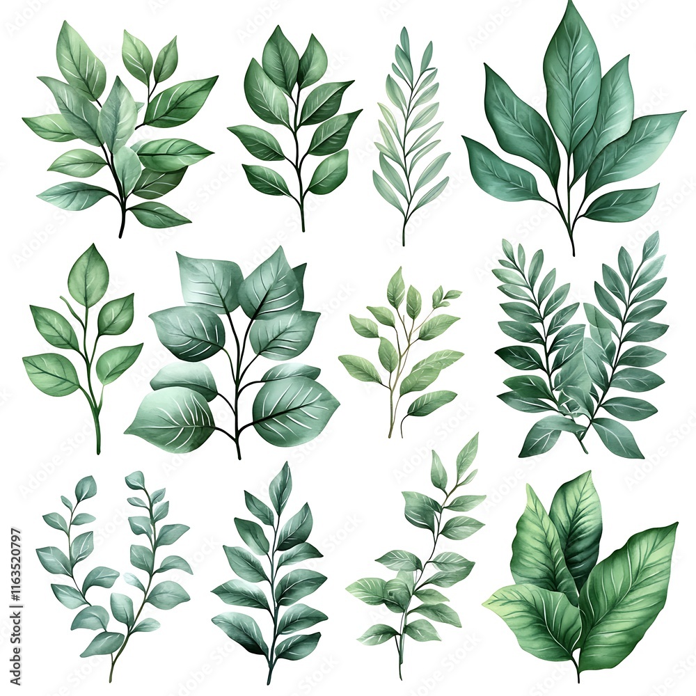 Twelve Watercolor Illustrations of Various Green Leaves and Branches, Perfect for Design Projects. Twelve Watercolor Illustrations of Various Green Leaves and Branches, Perfect for Design Projects.