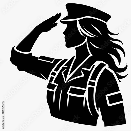 simple, flat, and minimalist silhouette of a soldier woman saluting, black color, white background