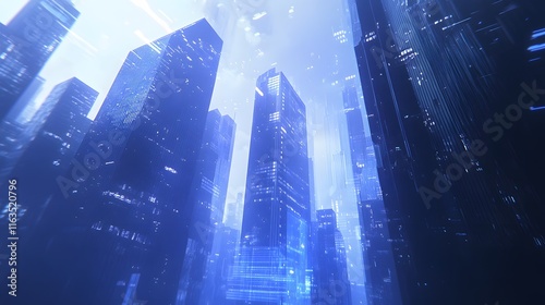 Futuristic Cityscape Digital Art Skyscrapers Gleaming Blue photo