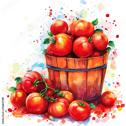 Vibrant Watercolor Painting of Ripe Tomatoes in a Wooden Bucket.