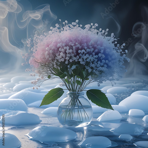 A lovely Baby's Breath flower with delicate white petals, gracefully encased in shimmering blue ice. Created with generative AI photo