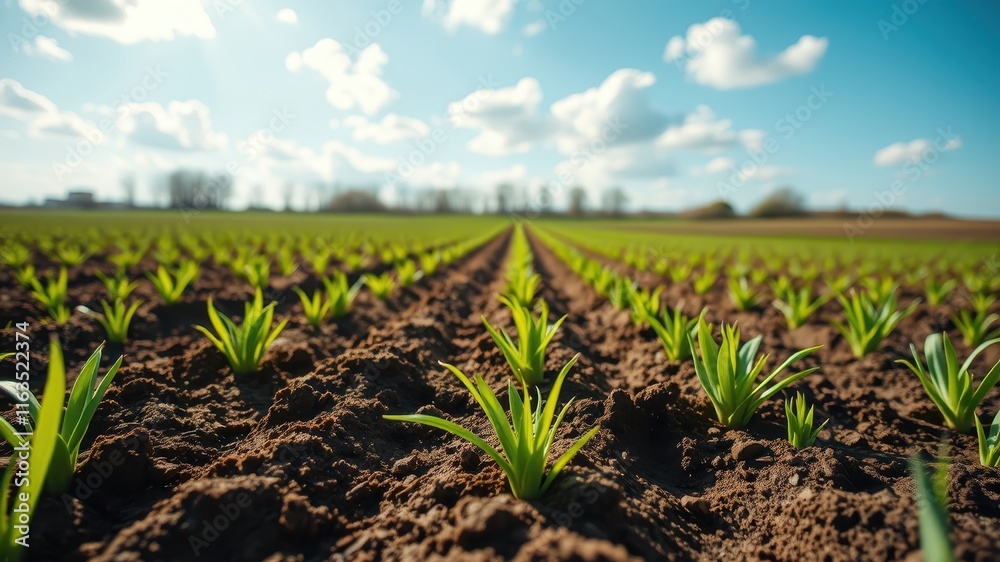 Rows of vibrant green seedlings emerging from rich dark soil under a bright sunny sky
