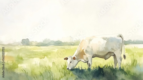 Watercolor painting of a white cow grazing in a grassy field on a bright day. photo