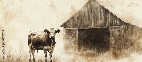 Rustic Countryside Scene with Cow and Barn.