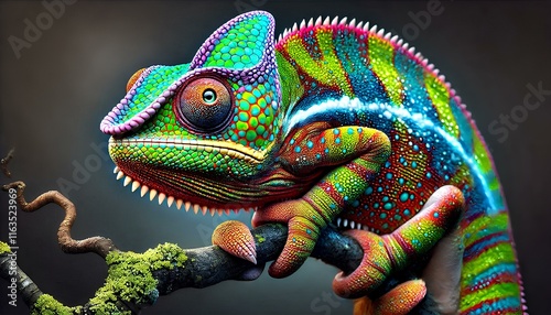 Hyper Realistic Macro Shot of a Vibrant Chameleon on a Branch