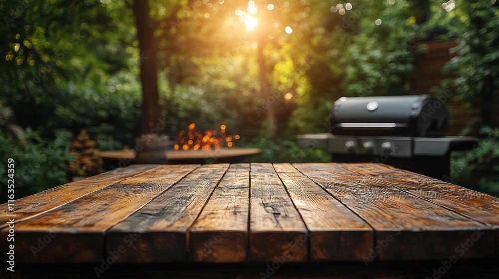 Rustic Wooden Table in a Sunny Garden with BBQ Grill Rustic Wooden Table in a Sunny Garden with BBQ Grill