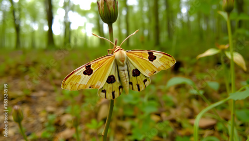 A Cream-spot Tiger Moth, Arctia villica, resting on a plant stem in a woodland clearing. photo