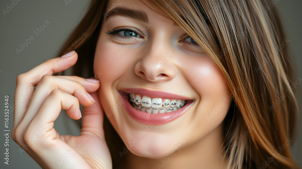 A woman with braces is smiling and showing off her teeth A woman with braces is smiling and showing off her teeth