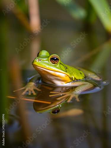 Close-up shot, a green frog croaks rhythmically in the swamp, its vibrant color adding to the scene. photo