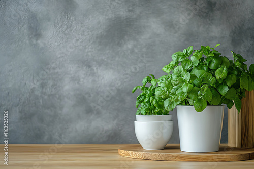Fresh Basil Plants in White Pots on Wooden Table
