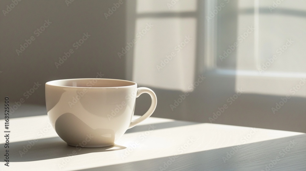 White cup sits on table near window. White cup sits on table near window.