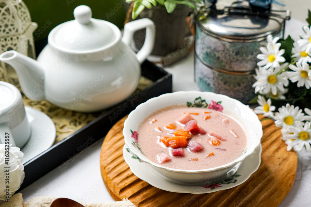 Bubur Cha Cha is a creamy coconut dessert with colorful cubes of purple, orange, and white sweet potatoes and yam. A traditional Southeast Asian dessert, particularly popular in Malaysia and Singapore Bubur Cha Cha is a creamy coconut dessert with colorful cubes of purple, orange, and white sweet potatoes and yam. A traditional Southeast Asian dessert, particularly popular in Malaysia and Singapore