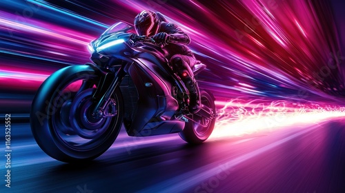 Neon Nightspeed: A motorcyclist zooms through a vibrant, light-streaked tunnel at breakneck speed, a symphony of motion and color.